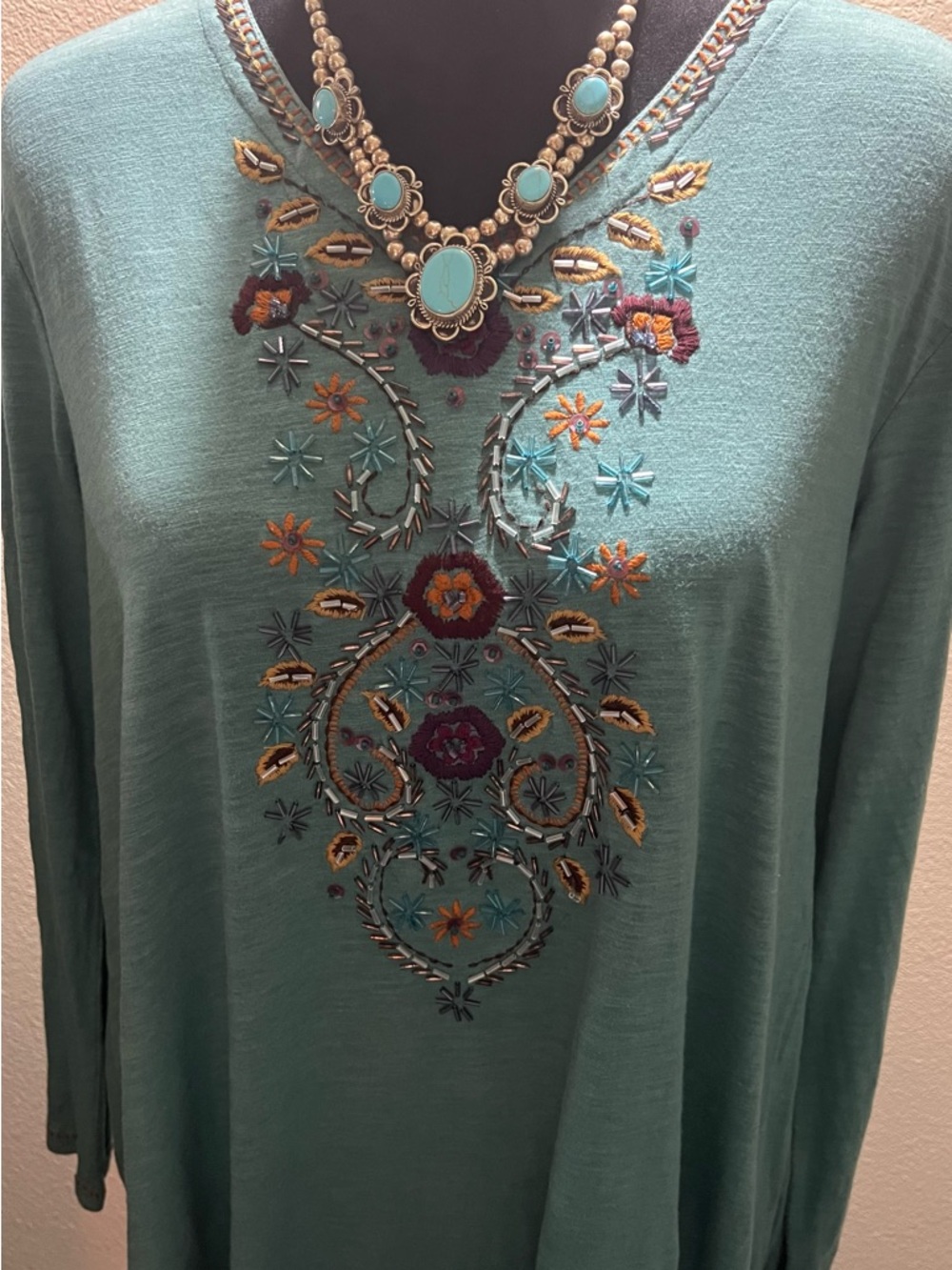 Double D Ranch Teal Embroidered V-Neck Tunic